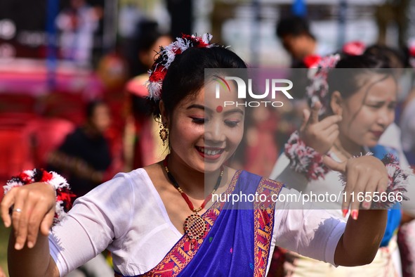 Mising tribal girls perform a traditional dance during the Ali-Aye-Ligang festival in Nagaon district, Assam, India, on February 15, 2023. A...