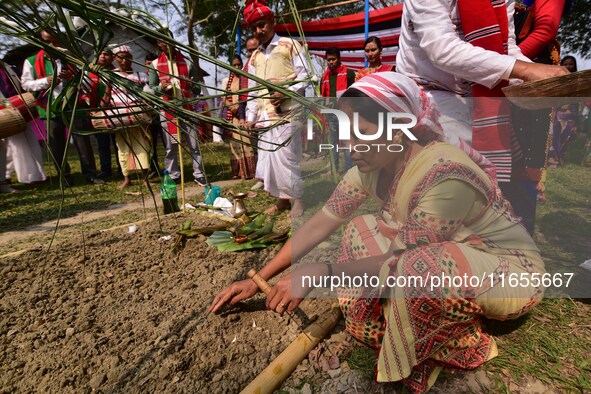 Mising tribal people perform rituals during the Ali-Aye-Ligang festival in Nagaon district, Assam, India, on February 15, 2023. Ali-Aye-Liga...