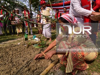 Mising tribal people perform rituals during the Ali-Aye-Ligang festival in Nagaon district, Assam, India, on February 15, 2023. Ali-Aye-Liga...