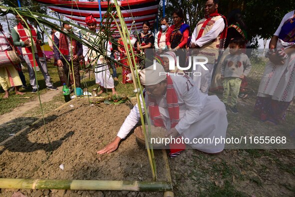 Mising tribal people perform rituals during the Ali-Aye-Ligang festival in Nagaon district, Assam, India, on February 15, 2023. Ali-Aye-Liga...