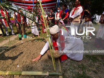 Mising tribal people perform rituals during the Ali-Aye-Ligang festival in Nagaon district, Assam, India, on February 15, 2023. Ali-Aye-Liga...