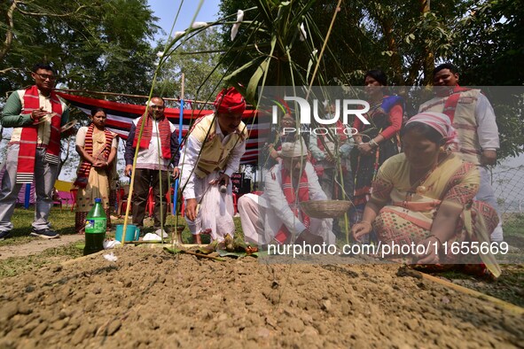 Mising tribal people perform rituals during the Ali-Aye-Ligang festival in Nagaon district, Assam, India, on February 15, 2023. Ali-Aye-Liga...