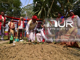 Mising tribal people perform rituals during the Ali-Aye-Ligang festival in Nagaon district, Assam, India, on February 15, 2023. Ali-Aye-Liga...