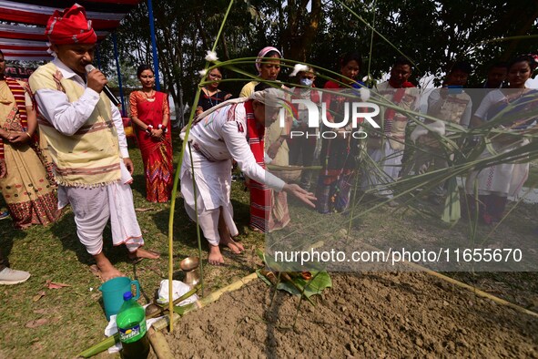 Mising tribal people perform rituals during the Ali-Aye-Ligang festival in Nagaon district, Assam, India, on February 15, 2023. Ali-Aye-Liga...