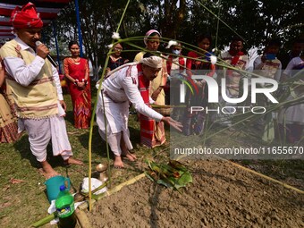 Mising tribal people perform rituals during the Ali-Aye-Ligang festival in Nagaon district, Assam, India, on February 15, 2023. Ali-Aye-Liga...