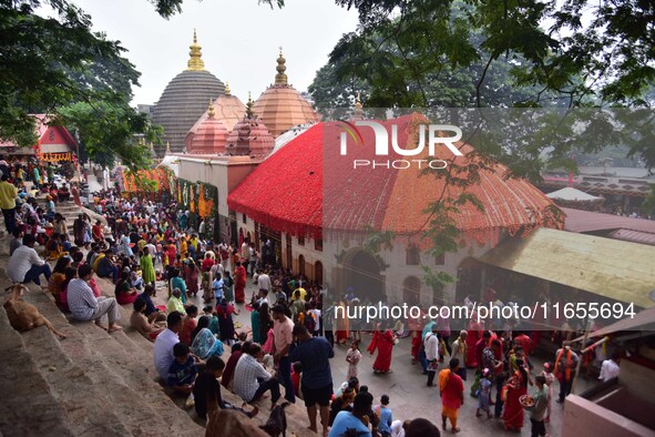 Devotees gather at the Kamakhya temple for the Hindu festival of Navratri in Guwahati, India, on October 2, 2022. 