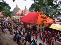 Devotees gather at the Kamakhya temple for the Hindu festival of Navratri in Guwahati, India, on October 2, 2022. (