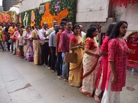 Devotees gather at the Kamakhya temple for the Hindu festival of Navratri in Guwahati, India, on October 2, 2022. (