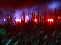 Participants perform a show during the ceremony commemorating the 200th anniversary of the Mexican Republic in Mexico City, Mexico, on Octob...