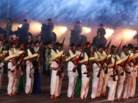 Participants perform a show during the ceremony commemorating the 200th anniversary of the Mexican Republic in Mexico City, Mexico, on Octob...