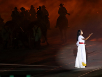 Participants perform a show during the ceremony commemorating the 200th anniversary of the Mexican Republic in Mexico City, Mexico, on Octob...