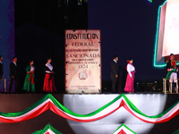 Participants perform a show during the ceremony commemorating the 200th anniversary of the Mexican Republic in Mexico City, Mexico, on Octob...