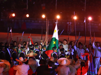 Participants perform a show during the ceremony commemorating the 200th anniversary of the Mexican Republic in Mexico City, Mexico, on Octob...