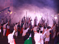 Participants perform a show during the ceremony commemorating the 200th anniversary of the Mexican Republic in Mexico City, Mexico, on Octob...