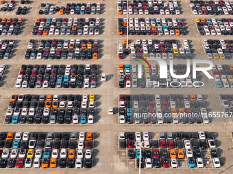 Vehicles parked at an automobile manufacturer are about to be shipped to the market in Ningde, China, on October 10, 2024. (