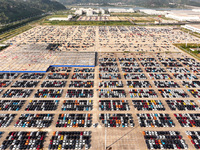 Vehicles parked at an automobile manufacturer are about to be shipped to the market in Ningde, China, on October 10, 2024. (