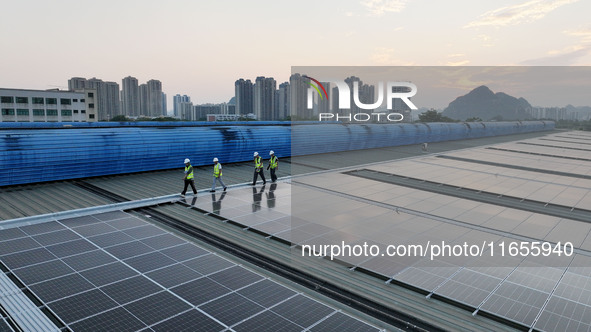 Technicians check photovoltaic power generation equipment before it is connected to the grid for power supply in Liuzhou, China, on October...