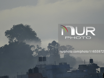 A view of Aadinath Temple in a misty morning in Kirtipur, Kathmandu, Nepal, on October 7, 2024. (