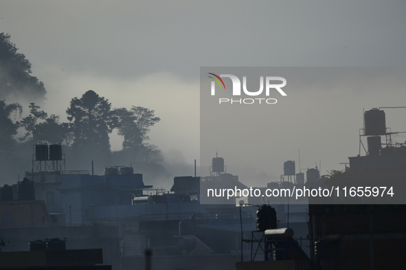 A view of Aadinath Temple in a misty morning in Kirtipur, Kathmandu, Nepal, on October 7, 2024. 