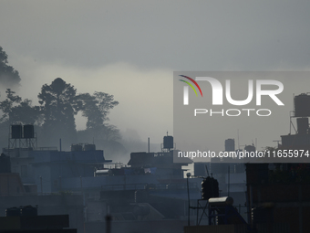 A view of Aadinath Temple in a misty morning in Kirtipur, Kathmandu, Nepal, on October 7, 2024. (