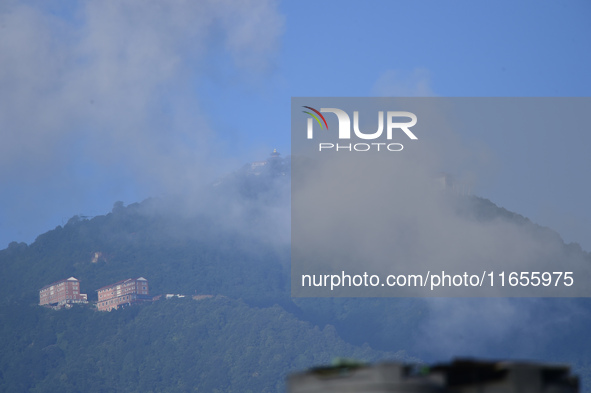 A view of Chandragiri Resort in a misty morning in Kirtipur, Kathmandu, Nepal, on October 7, 2024. 