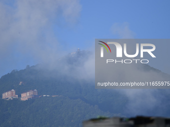 A view of Chandragiri Resort in a misty morning in Kirtipur, Kathmandu, Nepal, on October 7, 2024. (