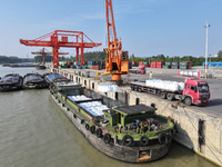 A crane transfers phthalic acid to a truck at the eastern operation area of Siyang Port on the Beijing-Hangzhou Grand Canal in Suqian, China...