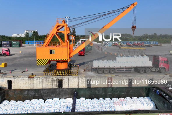 A crane transfers phthalic acid to a truck at the eastern operation area of Siyang Port on the Beijing-Hangzhou Grand Canal in Suqian, China...