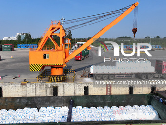 A crane transfers phthalic acid to a truck at the eastern operation area of Siyang Port on the Beijing-Hangzhou Grand Canal in Suqian, China...