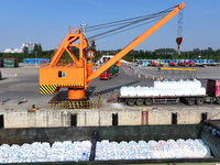 A crane transfers phthalic acid to a truck at the eastern operation area of Siyang Port on the Beijing-Hangzhou Grand Canal in Suqian, China...