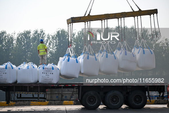 A crane transfers phthalic acid to a truck at the eastern operation area of Siyang Port on the Beijing-Hangzhou Grand Canal in Suqian, China...