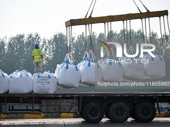 A crane transfers phthalic acid to a truck at the eastern operation area of Siyang Port on the Beijing-Hangzhou Grand Canal in Suqian, China...