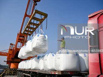 A crane transfers phthalic acid to a truck at the eastern operation area of Siyang Port on the Beijing-Hangzhou Grand Canal in Suqian, China...