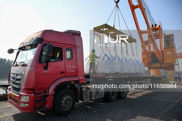 A crane transfers phthalic acid to a truck at the eastern operation area of Siyang Port on the Beijing-Hangzhou Grand Canal in Suqian, China...