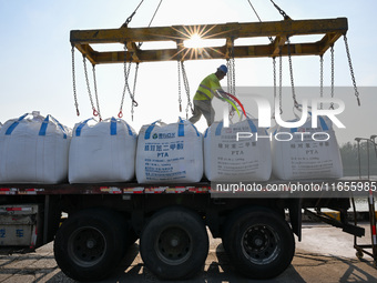 A crane transfers phthalic acid to a truck at the eastern operation area of Siyang Port on the Beijing-Hangzhou Grand Canal in Suqian, China...