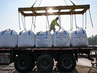 A crane transfers phthalic acid to a truck at the eastern operation area of Siyang Port on the Beijing-Hangzhou Grand Canal in Suqian, China...