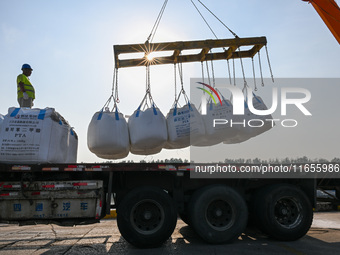 A crane transfers phthalic acid to a truck at the eastern operation area of Siyang Port on the Beijing-Hangzhou Grand Canal in Suqian, China...