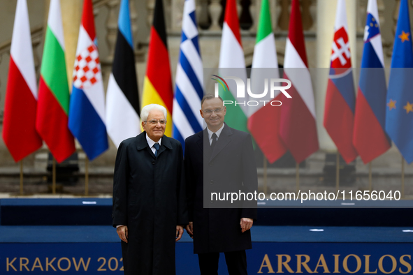 Polish President Andrzej Duda meets with Italian President Sergio Mattarella during the meeting of the presidents of the Arraiolos group at...