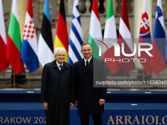 Polish President Andrzej Duda meets with Italian President Sergio Mattarella during the meeting of the presidents of the Arraiolos group at...