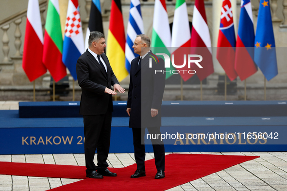 Polish President Andrzej Duda and President of Croatia Zoran Milanovic meet during the meeting of the presidents of the Arraiolos group at W...