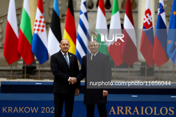 Polish President Andrzej Duda and President of Bulgaria Rumen Radev meet during the meeting of the presidents of the Arraiolos group at Wawe...