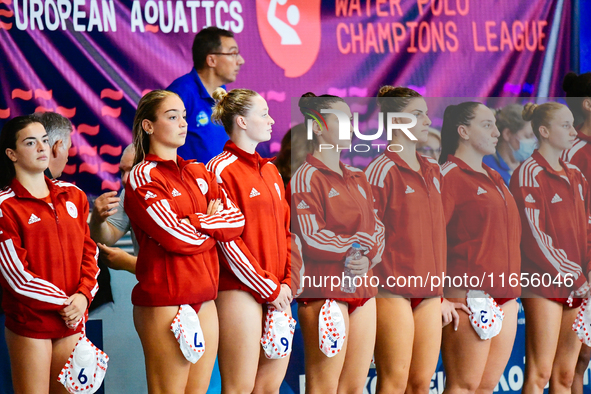 Olympiakos SFP players prepare to face Ethnikos OFPF in the Women's Waterpolo Super Cup 2024 Final in Athens, Greece, on October 10, 2024. 