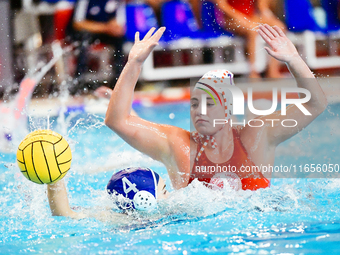 Maria Myriokefalitaki of Olympiacos SFP defends against Eleni Beta of Ethnikos OFPF during the Olympiacos SFP vs Ethnikos OFPF Women's Water...