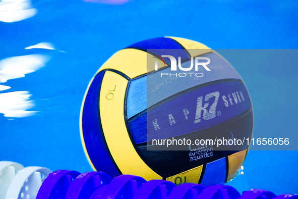 The KAP7 official game ball is used during the Olympiacos SFP vs Ethnikos OFPF match in the Women's Waterpolo Super Cup 2024 Final in Athens...