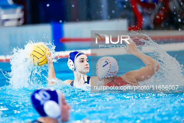 BETA Eleni of Ethnikos OFPF faces off against SIOUTI Christina of Olympiacos SFP during the Olympiacos SFP vs Ethnikos OFPF Women's Water Po...