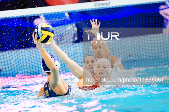 Olympiacos SFP players defend during the Olympiacos SFP vs Ethnikos OFPF in the Women's Waterpolo Super Cup 2024 Final, in Athens, Greece, o...