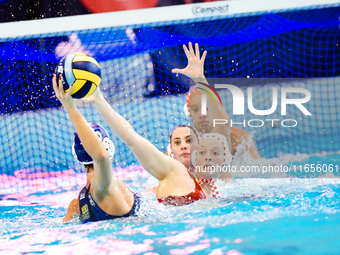 Olympiacos SFP players defend during the Olympiacos SFP vs Ethnikos OFPF in the Women's Waterpolo Super Cup 2024 Final, in Athens, Greece, o...