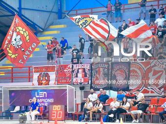 Olympiacos SFP Ultras attend the Olympiacos SFP vs Ethnikos OFPF Women's Water Polo Super Cup 2024 Final in Athens, Greece, on October 10, 2...