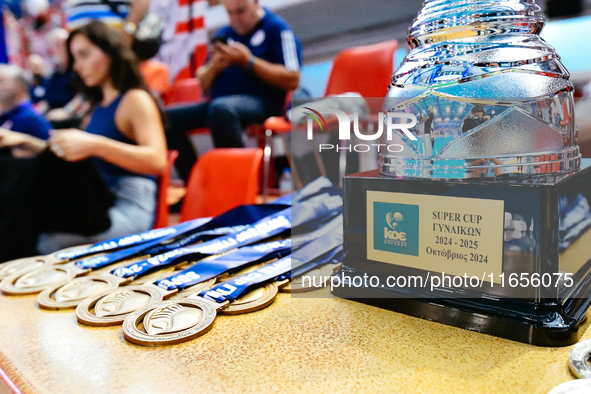 The Super Cup 2024 Women's Trophy is present during the Olympiacos SFP vs Ethnikos OFPF match in the Women Waterpolo Super Cup 2024 Final in...