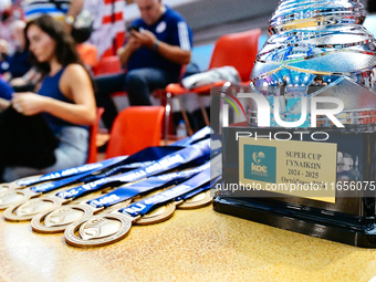 The Super Cup 2024 Women's Trophy is present during the Olympiacos SFP vs Ethnikos OFPF match in the Women Waterpolo Super Cup 2024 Final in...